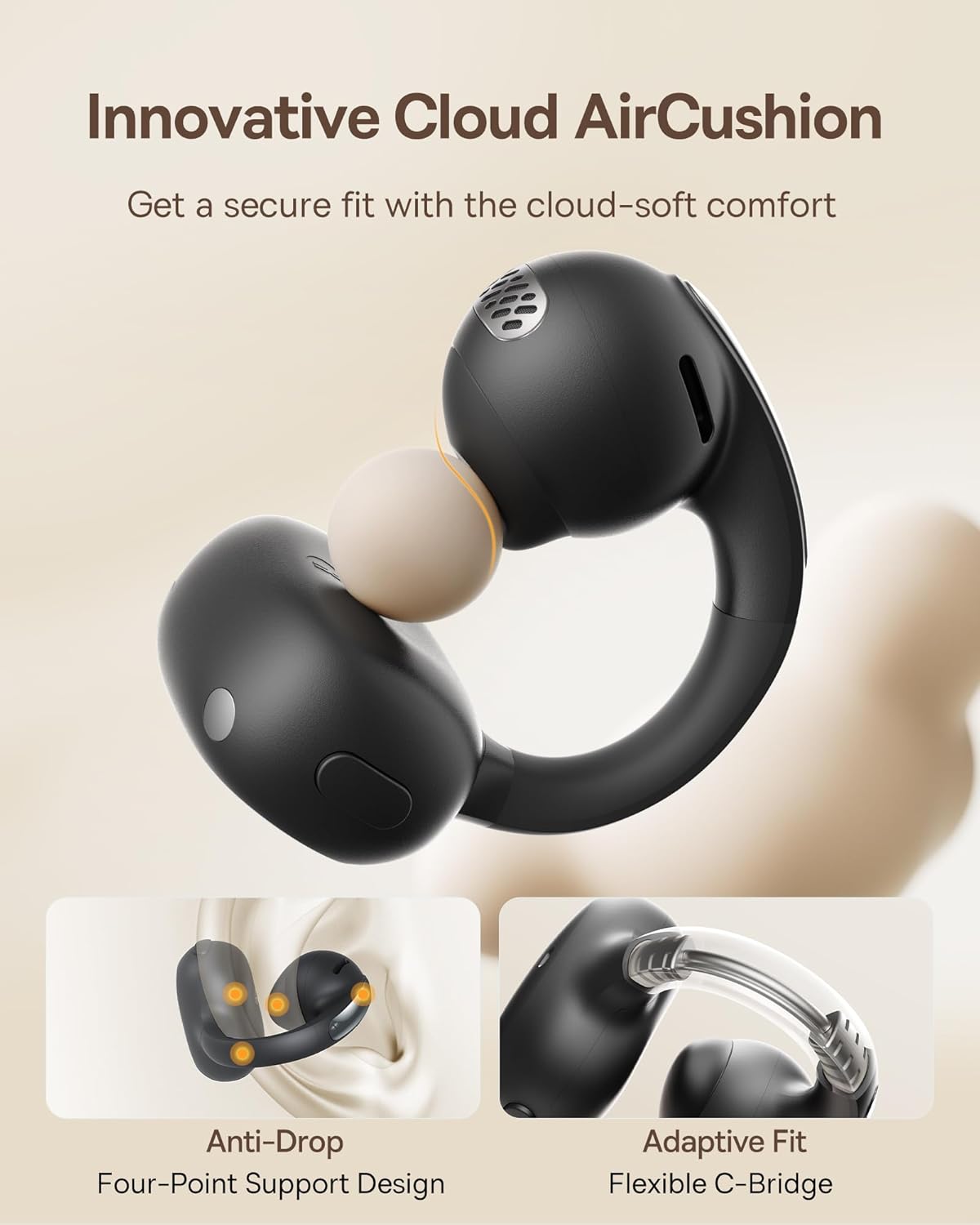 Bowie MC1 Open Ear Clip-On Earbuds, Adaptive Comfort with Anti-Drop Design, Impactful Sound with Adaptive Bass Boost, Adaptive Noise Cancelling Calls, IP57 Waterproof, 40H Playtime, Lightweight