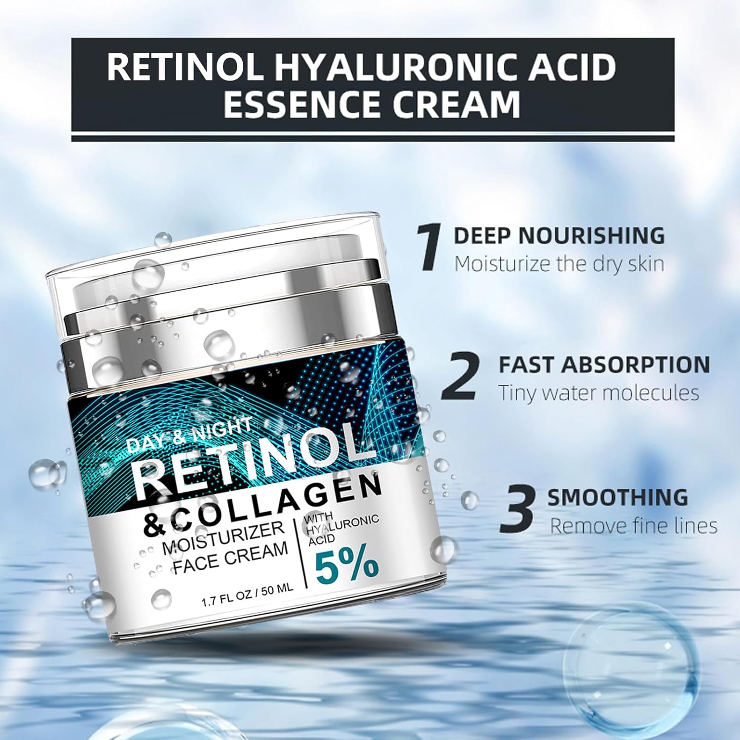 Collagen Retinol Hyaluronic Acid Cream, Retinol and Collagen Face Cream, Anti Againg Collagen Retinol Hyaluronic Acid Cream, Retinol Moisturizer for Face, Anti Wrinkle Retinol Night Cream for Women