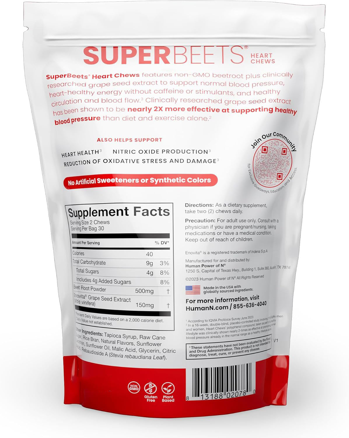 SuperBeets Heart Chews - Nitric Oxide Production and Blood Pressure Support - Grape Seed Extract & Non-GMO Beet Energy Chews - Pomegranate Berry Flavor - 60 Count