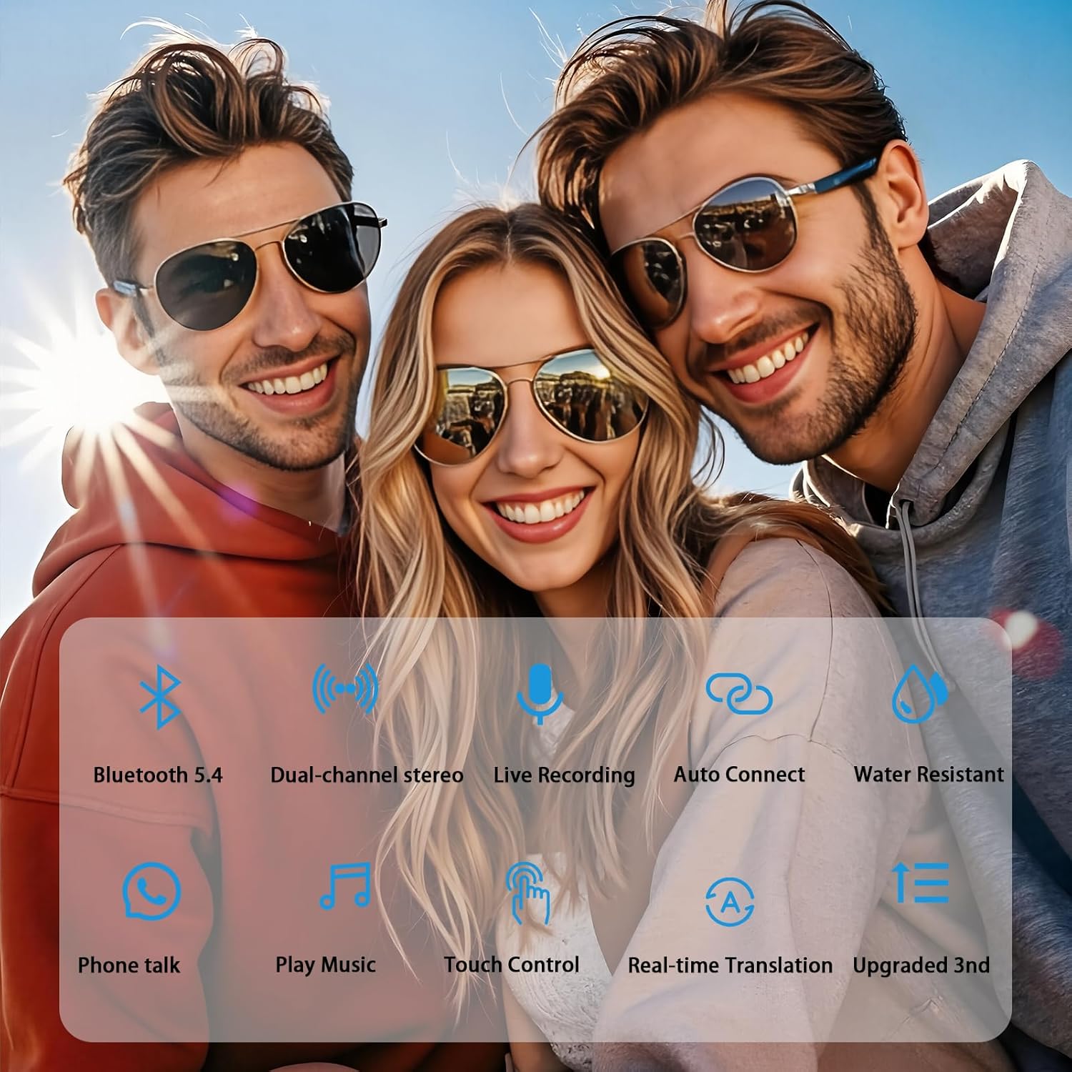 Smart Glasses with Ai translator,Translation Glasses for Women Men Bluetooth with Chat GPT 164 Language sunglasses Lens Clear Headphone with Speaker forTravel Meeting Trade Businesss (Black)