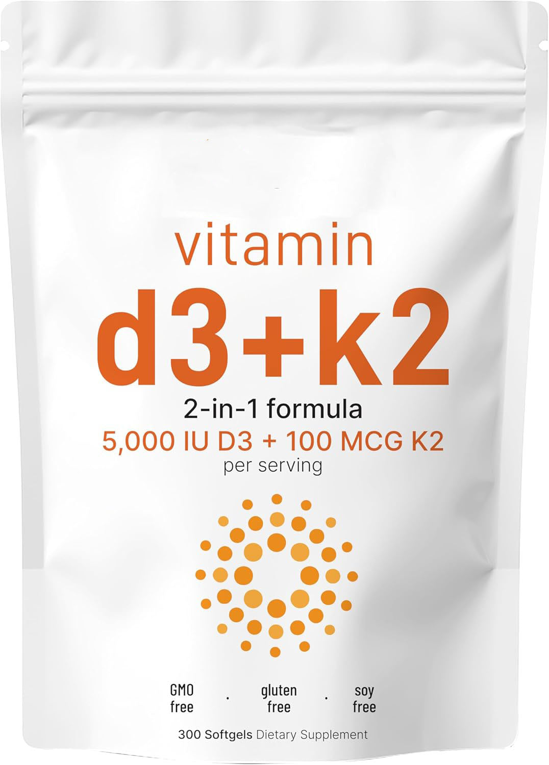 Vitamin D3 5000 IU with K2 100 mcg, 300 Soft-Gels | K2 MK-7 with D3 Vitamin Supplement, 2 in 1 Support Immune, Heart, Joint, Teeth & Bone Health - Easy to Swallow