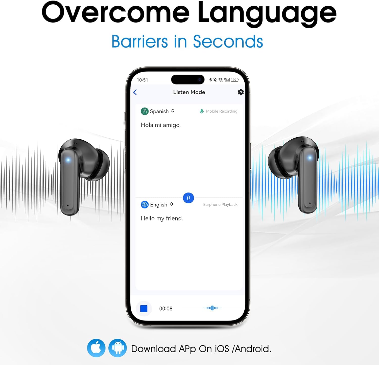 AI Language Translation Earbuds, LCD Touch Screen OWS Real-Time Translator for 144 Languages & Accents Headphones Translator Ideal for Travel Business Learning Translation Device Earphones