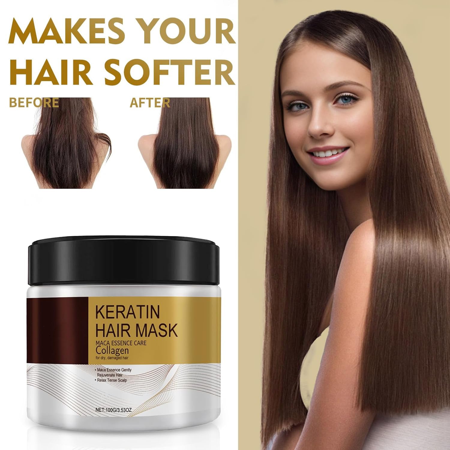 Collagen Hair Mask for Damaged Hair - Deep Repair Conditioning Argan Oil Treatment for Curly or Straight Thin Fine Hair 100ml