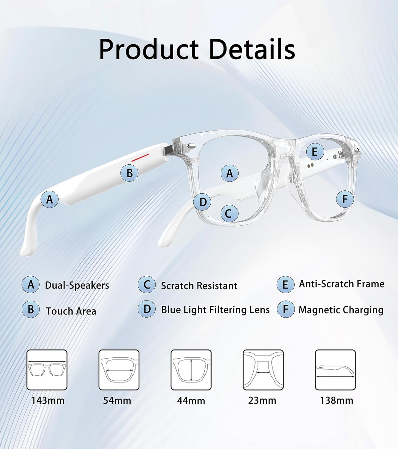 AI Smart Glasses, Multifunctional Bluetooth Glasses for Men & Women, 116 Languages & Accents Translator Glasses, Blue Light Filter & Polarized UV Protection Lenses Translation Glasses, White