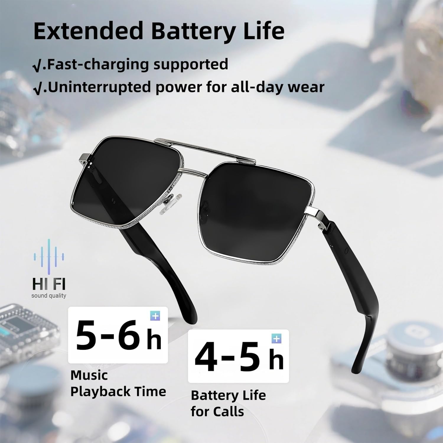 Pilot Smart Glasses,Bluetooth Sunglasses for Women/Men with Audio, Polarized Sunglasses,Dual Mic & Speakers, UV Protection, Music/Calling/Voice Assistant/Remote Photography，Silver Frame Gray Lens