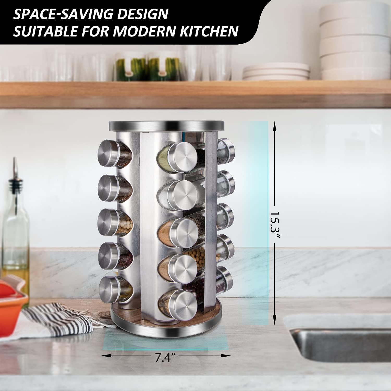 Rotating Spice Rack Organizer, 20 Jars Revolving Seasoning Organizer for Cabinet, Stainless Steel Spice Tower for Kitchen Countertop with Reuseable Labels and Funnel