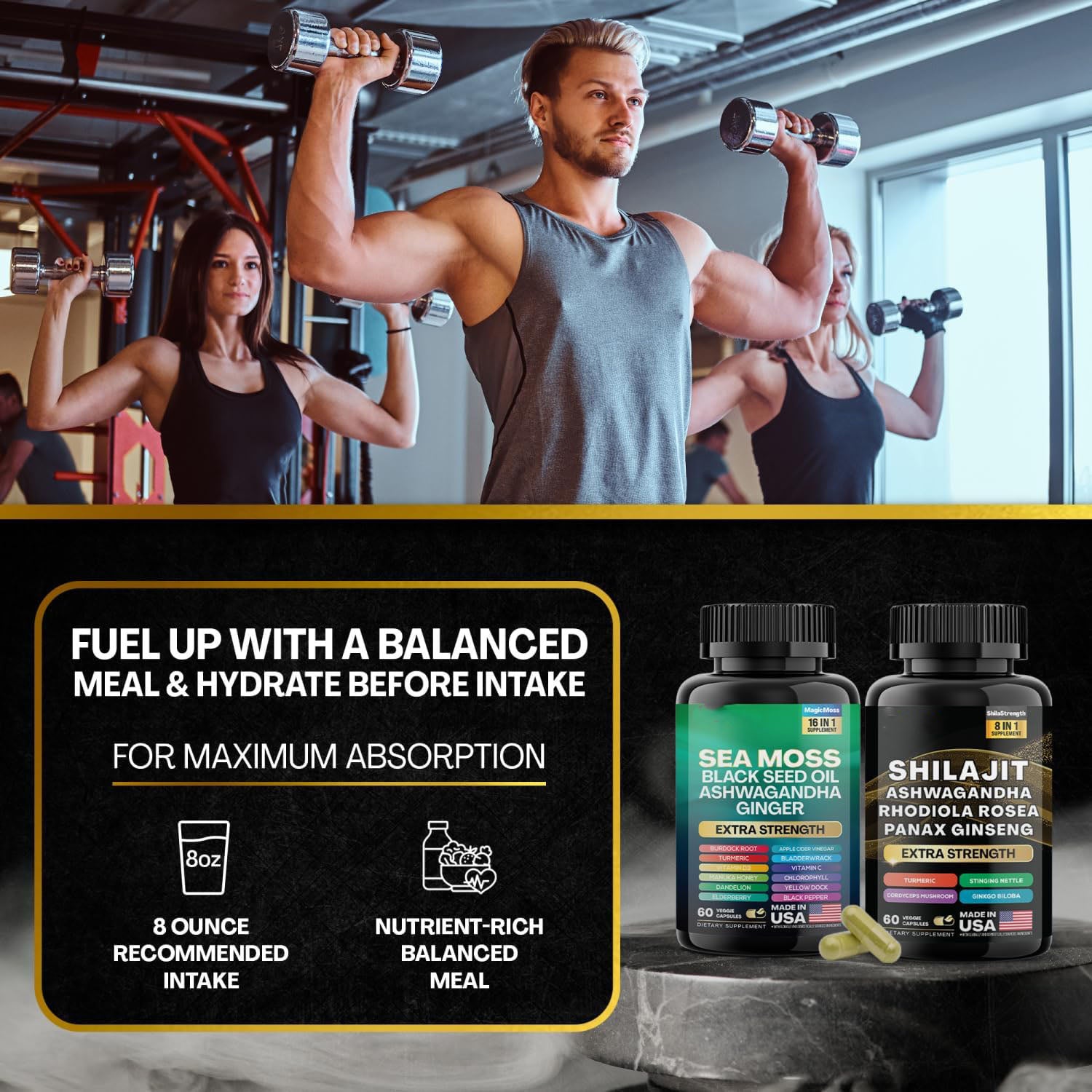 Dynamic Vitality Bundle, Sea Moss and Shilajit Bundle, Sea Moss 7000mg, Black Seed Oil 4000mg, Ashwagandha 2000mg, Ginger & Shilajit 9000mg, Rhodiola Rosea 1000mg, Panax Ginseng (60 Count)