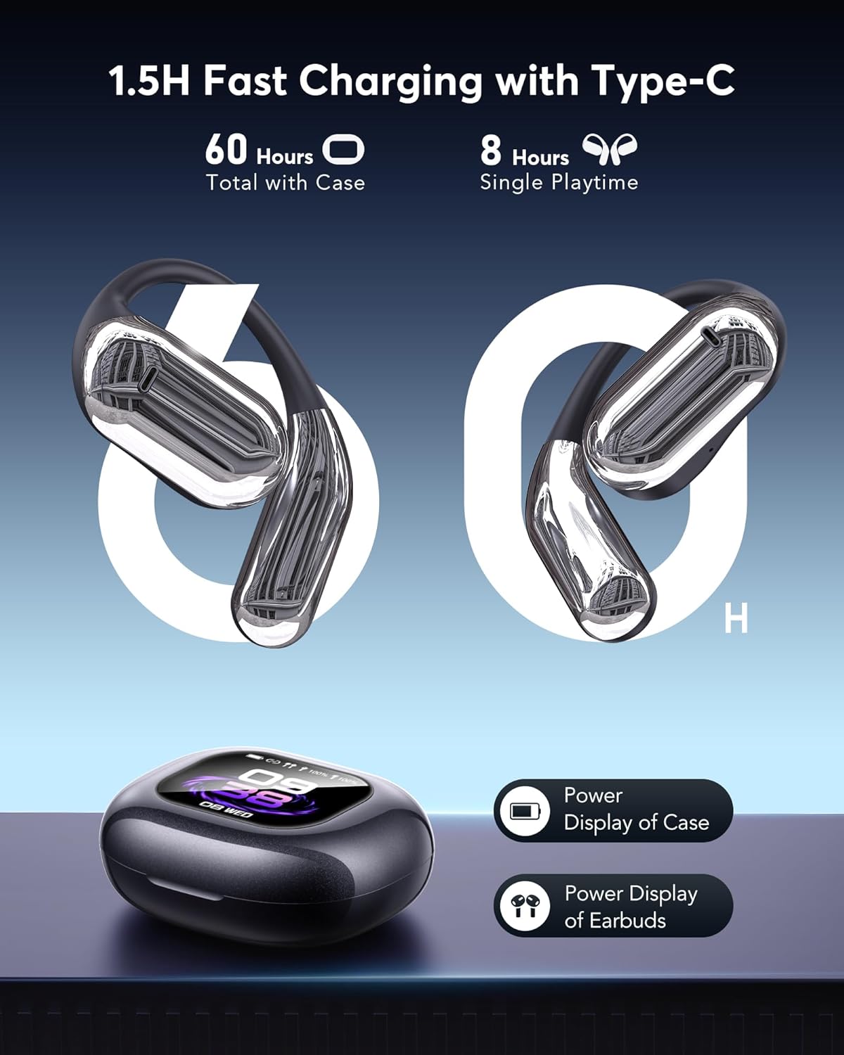 AI Language Translation Earbuds, Bluetooth 5.4 Headphones Translator for 144 Languages & Accents, OWS LCD Touch Screen Real-Time Earphones Fit iOS and Android Ideal for Travel Business Learning, Black