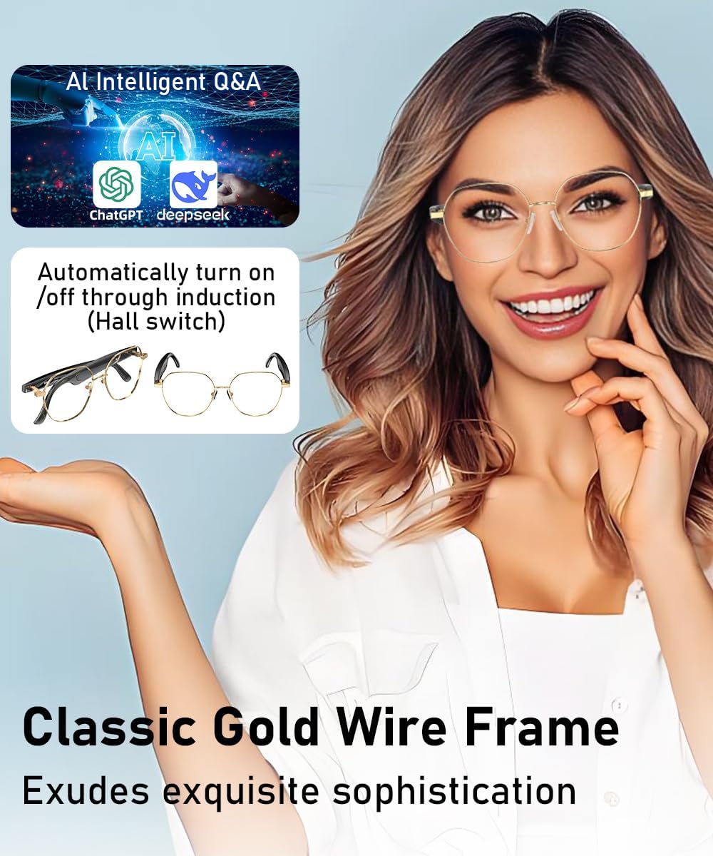 Bluetooth Glasses, Blue Light Glasses for Women Men, Smart Glasses with 163 Language Translations, AI Glasses with Audio, Clear Glasses Bluetooth 6.0, Voice Assistant