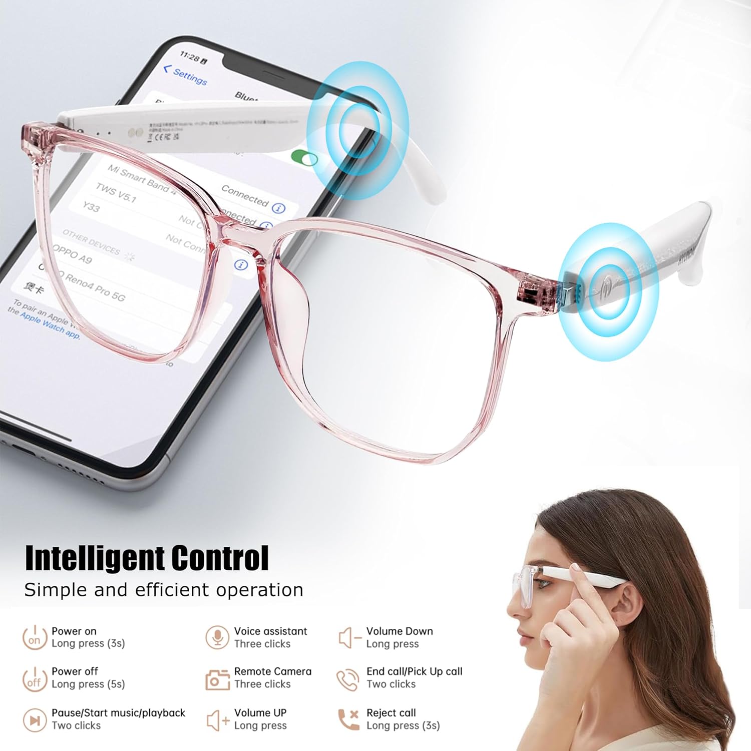 Ai Smart Glasses for Women Men, Blue Light Filter Clear Headphone Glasses with Speakers, Open-Ear Clear Sound, Lightweight