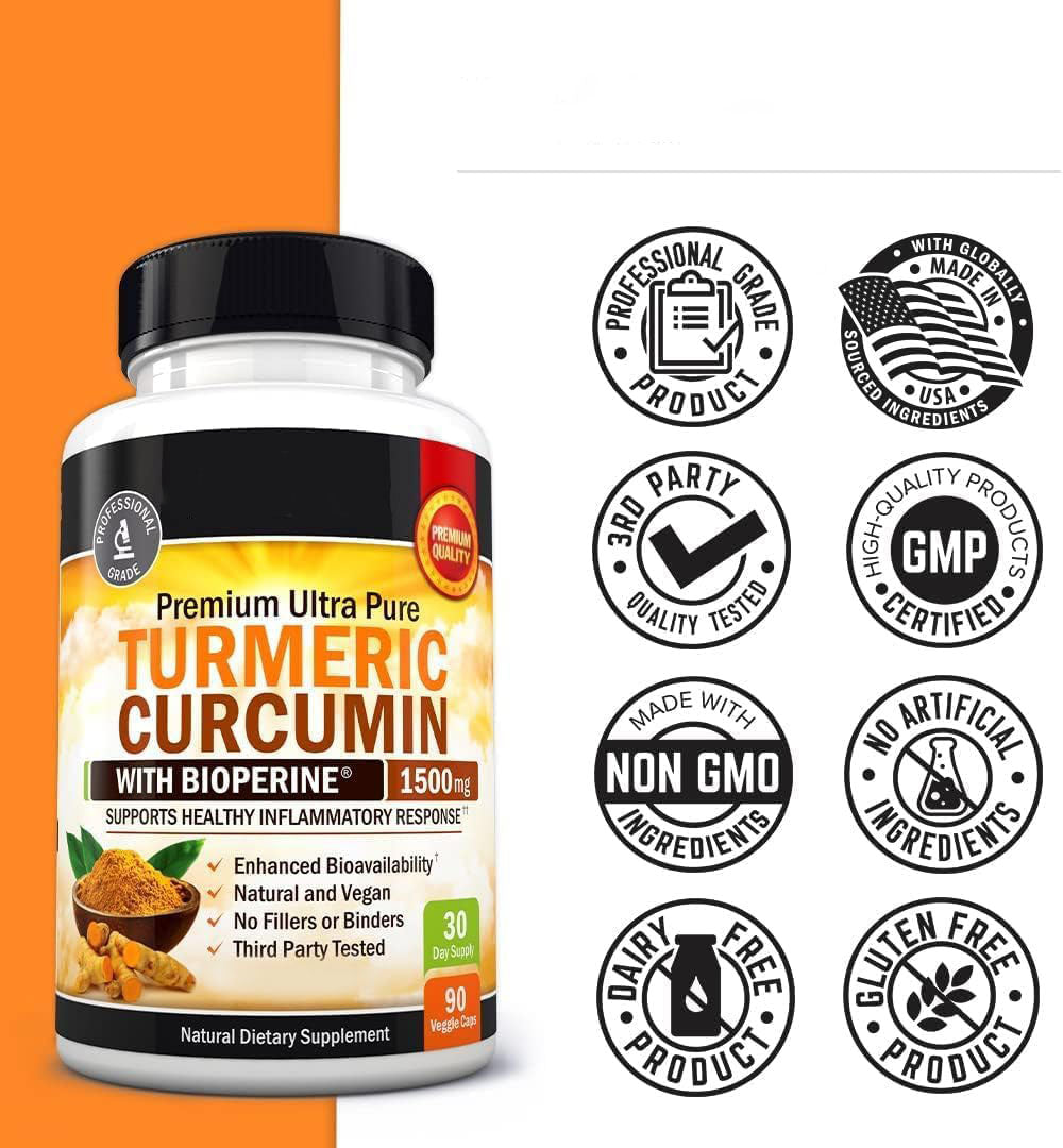 Turmeric Curcumin with Black Pepper Extract 1500mg - High Absorption Ultra Potent Turmeric Supplement with 95% Curcuminoids and BioPerine - Non GMO Turmeric Capsules for Joint Support - 90 Capsules