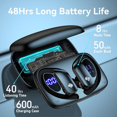 Wireless Earbuds Bluetooth Headphones 48hrs Play Back Sport Earphones with LED Display Over-Ear Buds with Earhooks Built-in Mic Headset for Workout Black