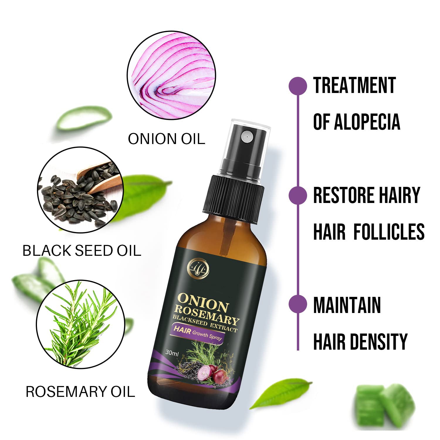 Hair Growth Spray, Organic Onion Oil with Rosemary Scent, Enriched with Black Seed Oil, Controls Hair Loss, Promotes Growth, for Women and Men