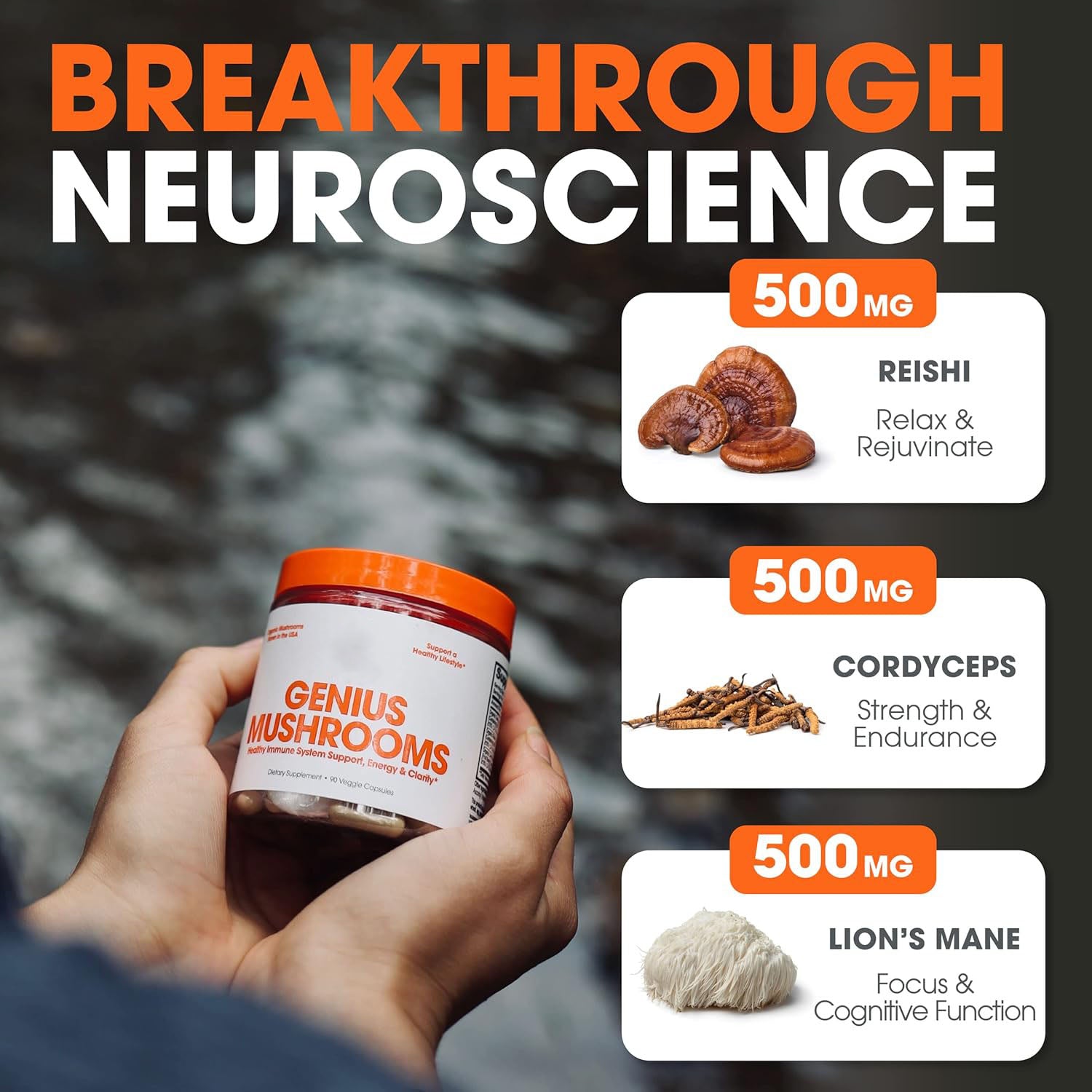 Lions Mane, Cordyceps, Reishi - Brain Nootropic for Energy, Focus, Overall Wellness, & Immune Support, - 90 Veggie Pills