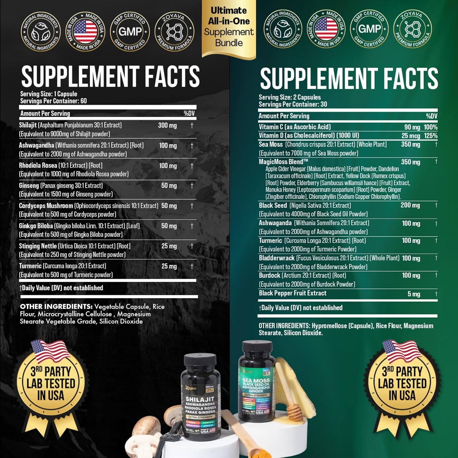 Dynamic Vitality Bundle, Sea Moss and Shilajit Bundle, Sea Moss 7000mg, Black Seed Oil 4000mg, Ashwagandha 2000mg, Ginger & Shilajit 9000mg, Rhodiola Rosea 1000mg, Panax Ginseng (60 Count)