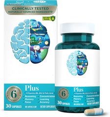 Plus Brain Supplement for Memory and Focus Clinically Tested Nootropics for Concentration for Mental Clarity, Cognitive Enhancement Vitamins B6, B12, Phosphatidylserine 30 Capsules