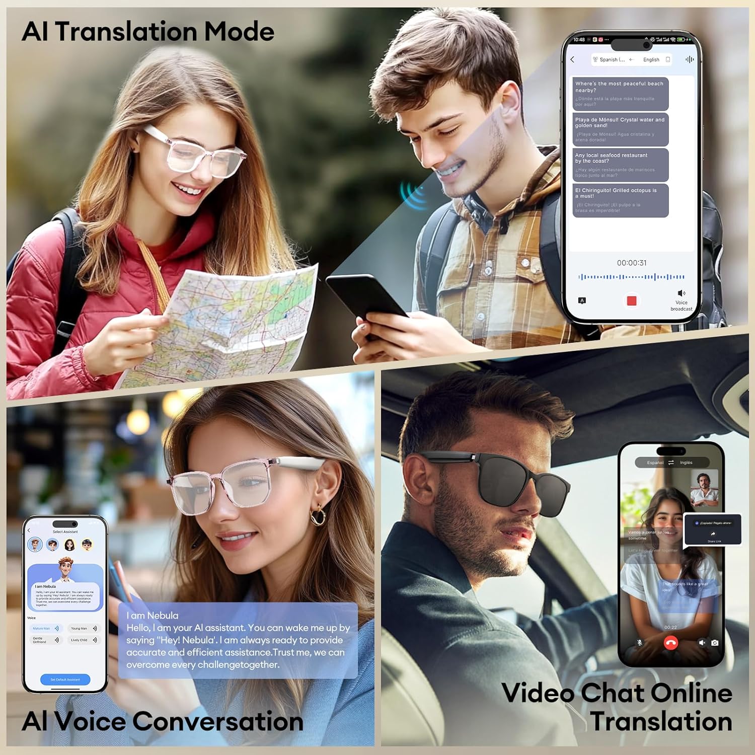 AI Smart Glasses, Bluetooth 5.4 Translation Glasses with 144 Language & Accents, Blue Light Filtering Lenses, Multifunctional Smart Glasses for Men Women, Travel Meeting Trade Business HY-C8 White