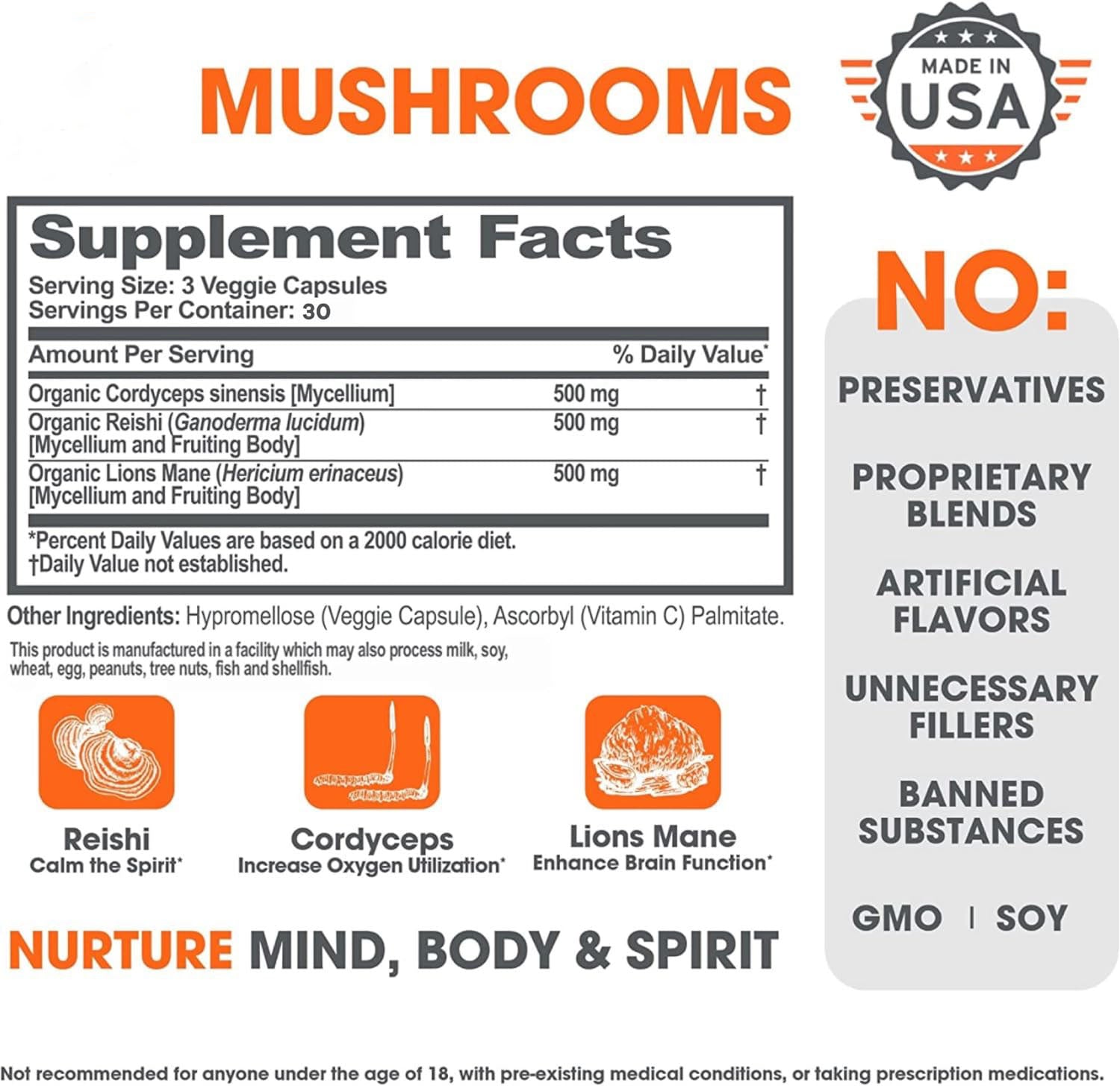 Lions Mane, Cordyceps, Reishi - Brain Nootropic for Energy, Focus, Overall Wellness, & Immune Support, - 90 Veggie Pills