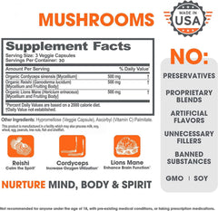 Lions Mane, Cordyceps, Reishi - Brain Nootropic for Energy, Focus, Overall Wellness, & Immune Support, - 90 Veggie Pills