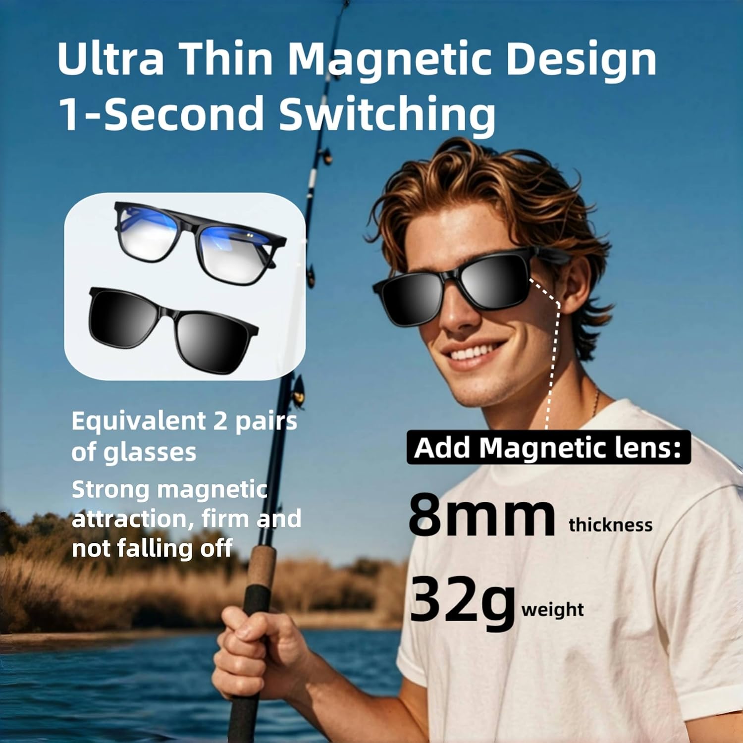 2-in-1 Smart Glasses for Women, Bluetooth Glasses for Women/Men with Speaker, Unisex Sunglasses, Blue Light Blocking & Polarized Lenses, Hands-Free Calls, UV400 Protection for Driving/Outdoor