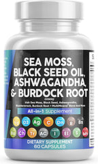 Sea Moss 3000mg Black Seed Oil 2000mg Ashwagandha 1000mg Turmeric 1000mg Bladderwrack 1000mg Burdock 1000mg & Vitamin C & D3 with Elderberry Manuka Dandelion Yellow Dock Iodine Chlorophyll ACV