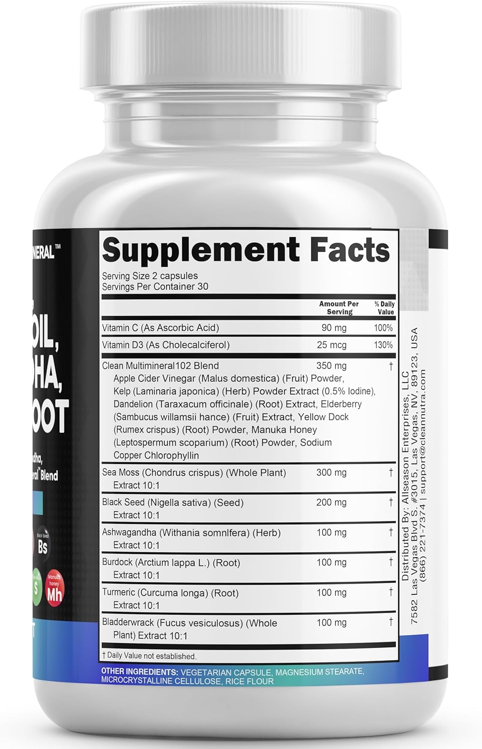 Sea Moss 3000mg Black Seed Oil 2000mg Ashwagandha 1000mg Turmeric 1000mg Bladderwrack 1000mg Burdock 1000mg & Vitamin C & D3 with Elderberry Manuka Dandelion Yellow Dock Iodine Chlorophyll ACV