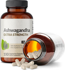 Ashwagandha Extra Strength Stress & Mood Support with BioPerine - Non GMO Formula, 100 Vegetarian Capsules