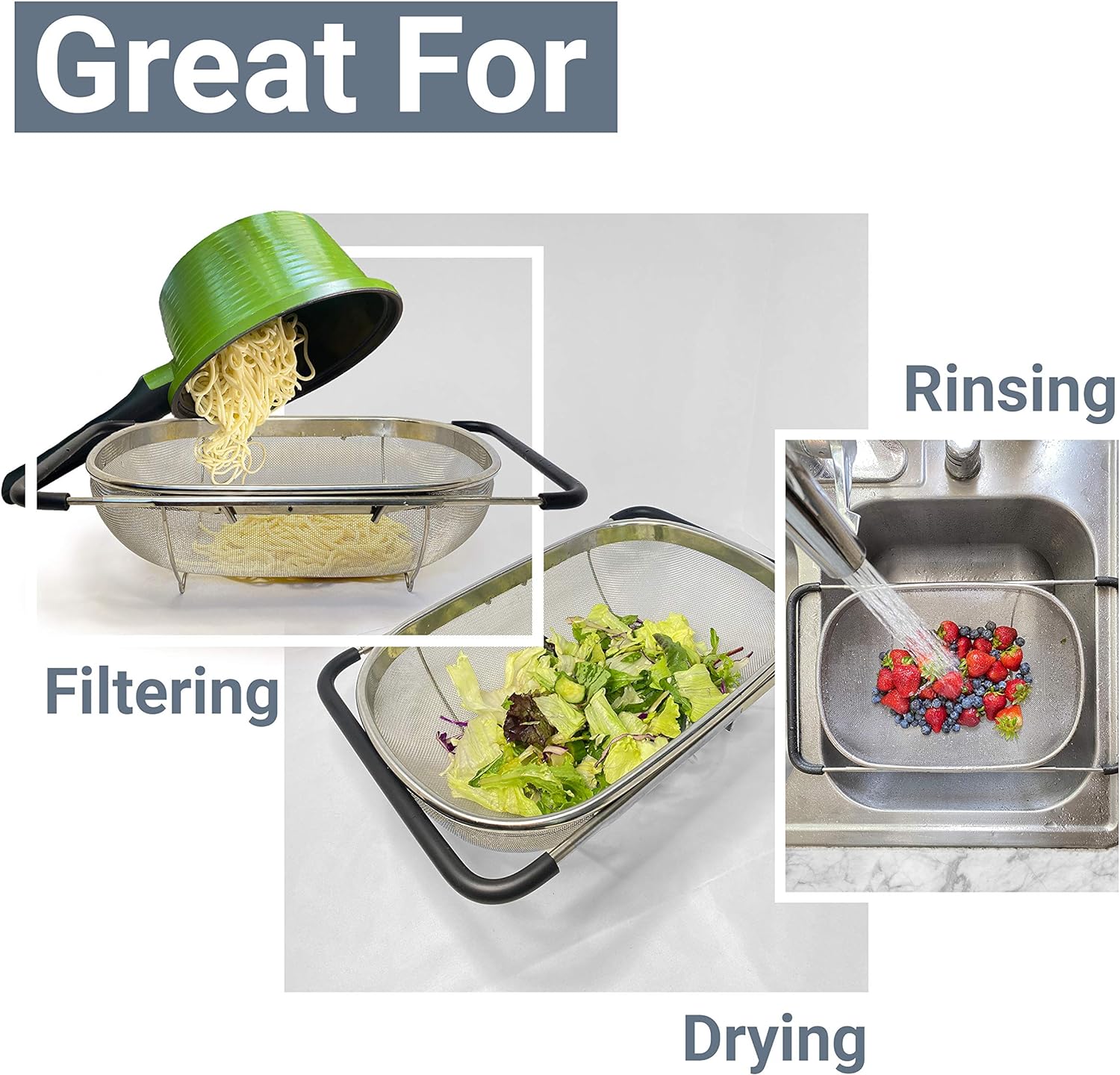 Over the Sink Colander Strainer Basket Stainless Steel, For Kitchen Sink with Rubber Grip, Fine Mesh, Large Kitchen Gadgets Tools, Expandable Home Kitchen Essentials