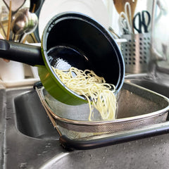 Over the Sink Colander Strainer Basket Stainless Steel, For Kitchen Sink with Rubber Grip, Fine Mesh, Large Kitchen Gadgets Tools, Expandable Home Kitchen Essentials