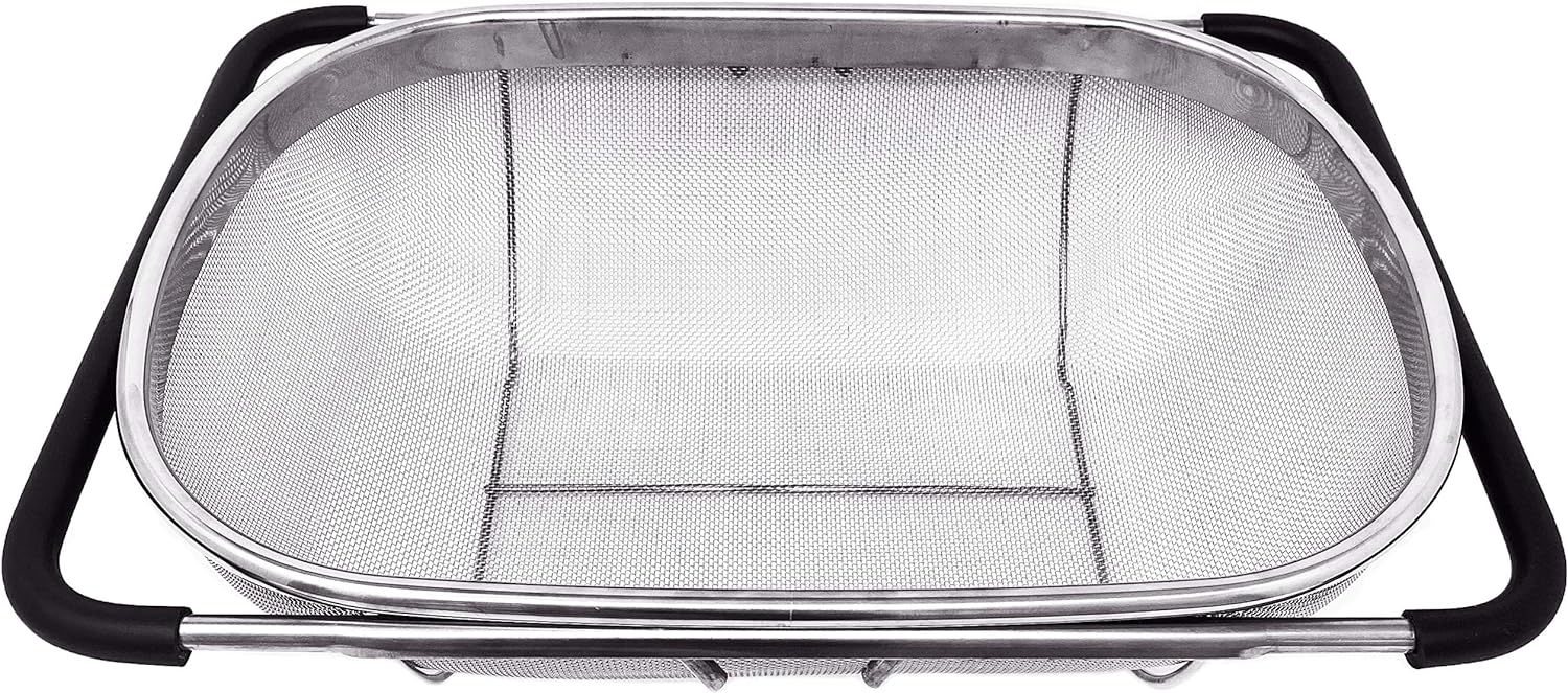 Over the Sink Colander Strainer Basket Stainless Steel, For Kitchen Sink with Rubber Grip, Fine Mesh, Large Kitchen Gadgets Tools, Expandable Home Kitchen Essentials