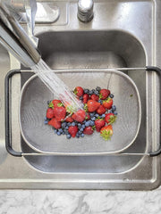 Over the Sink Colander Strainer Basket Stainless Steel, For Kitchen Sink with Rubber Grip, Fine Mesh, Large Kitchen Gadgets Tools, Expandable Home Kitchen Essentials