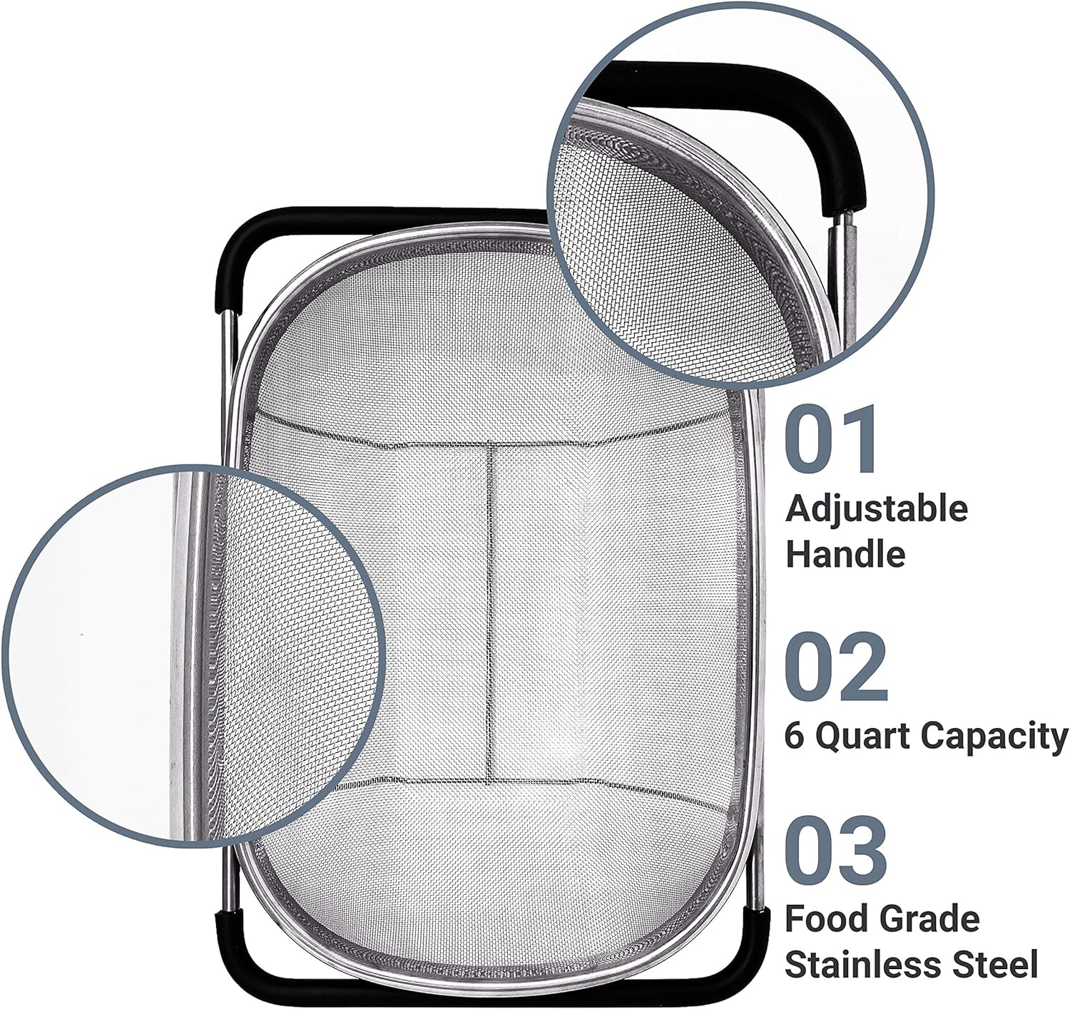 Over the Sink Colander Strainer Basket Stainless Steel, For Kitchen Sink with Rubber Grip, Fine Mesh, Large Kitchen Gadgets Tools, Expandable Home Kitchen Essentials