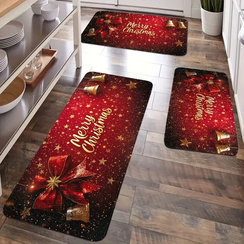 Christmas Kitchen Rugs Sets of 3 Washable Absorbent Kitchen Mats for Floor 2 Piece Kitchen Runner Rug Set Non-Slip Winter Holiday Kitchen Christmas Decoration Red