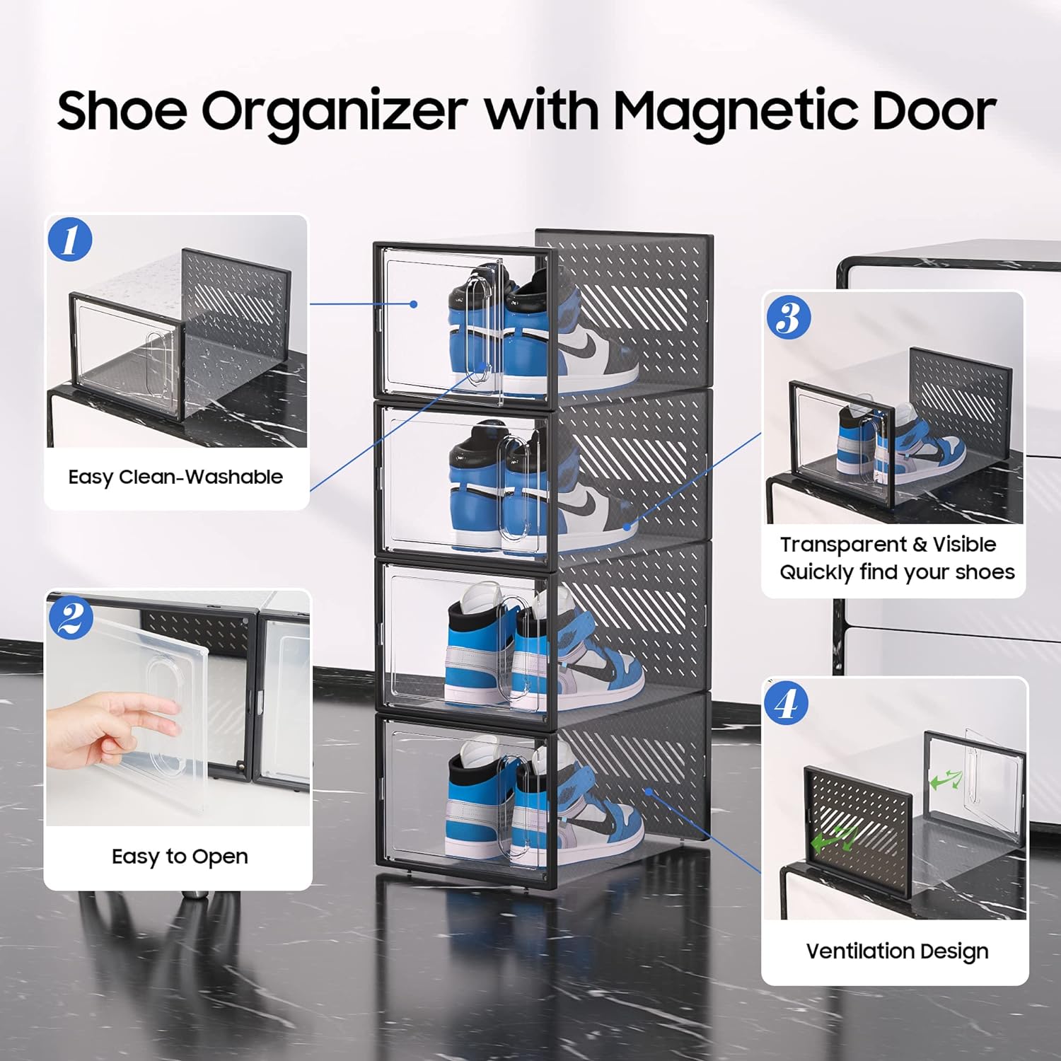 Large Shoe Storage Box with Magnetic Door, 12 Pack Clear Plastic Stackable Shoe Organizer for Closet, Shoe Rack Sneaker Containers Bins Holder for Drop Front,Black