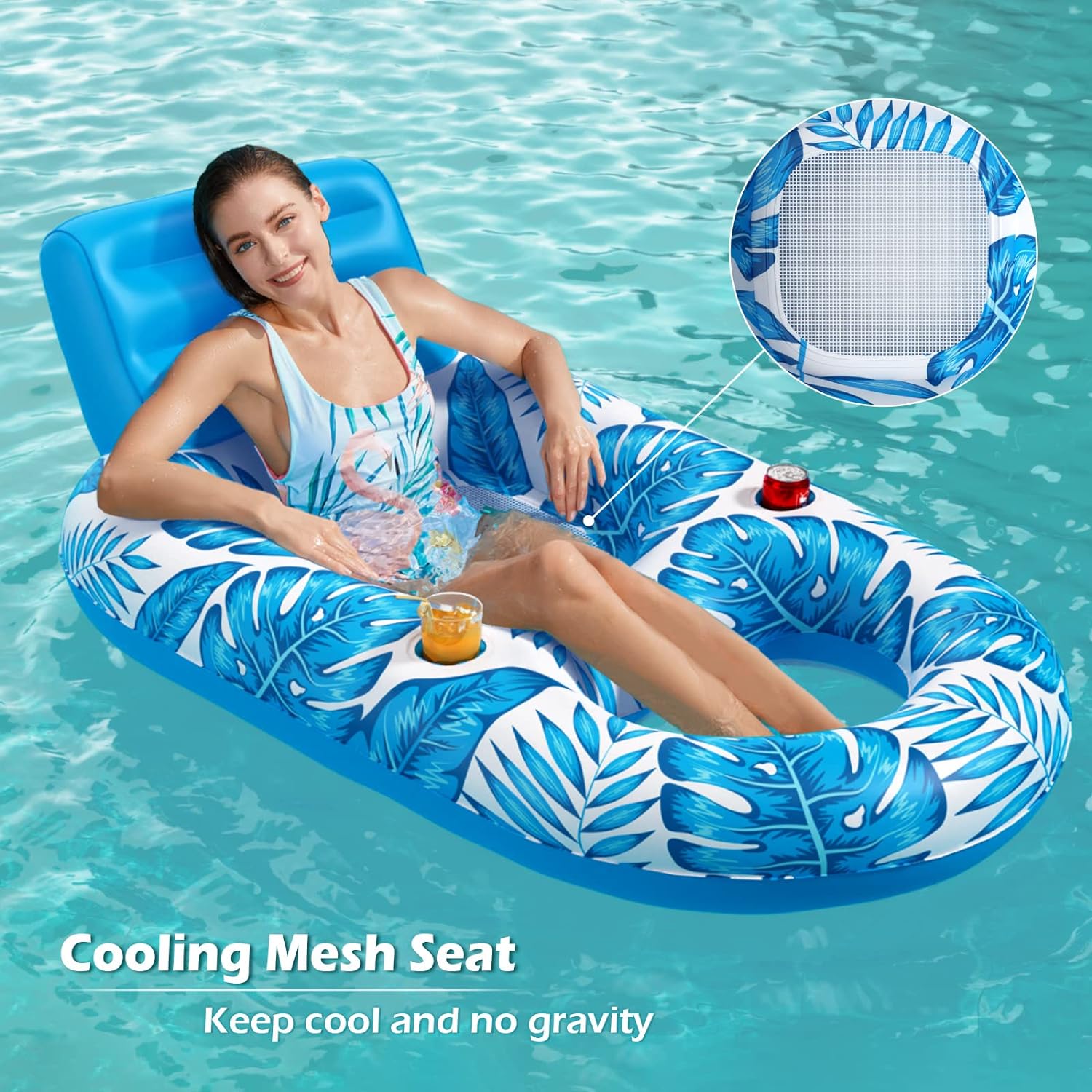 Inflatable Pool Float Adult - Pool Floaties Lounger Floats Raft Floating Chair Water Floaties for Swimming Pool Lake Lounge Float with Cup Holders Beach Pool Party Toys for Adults