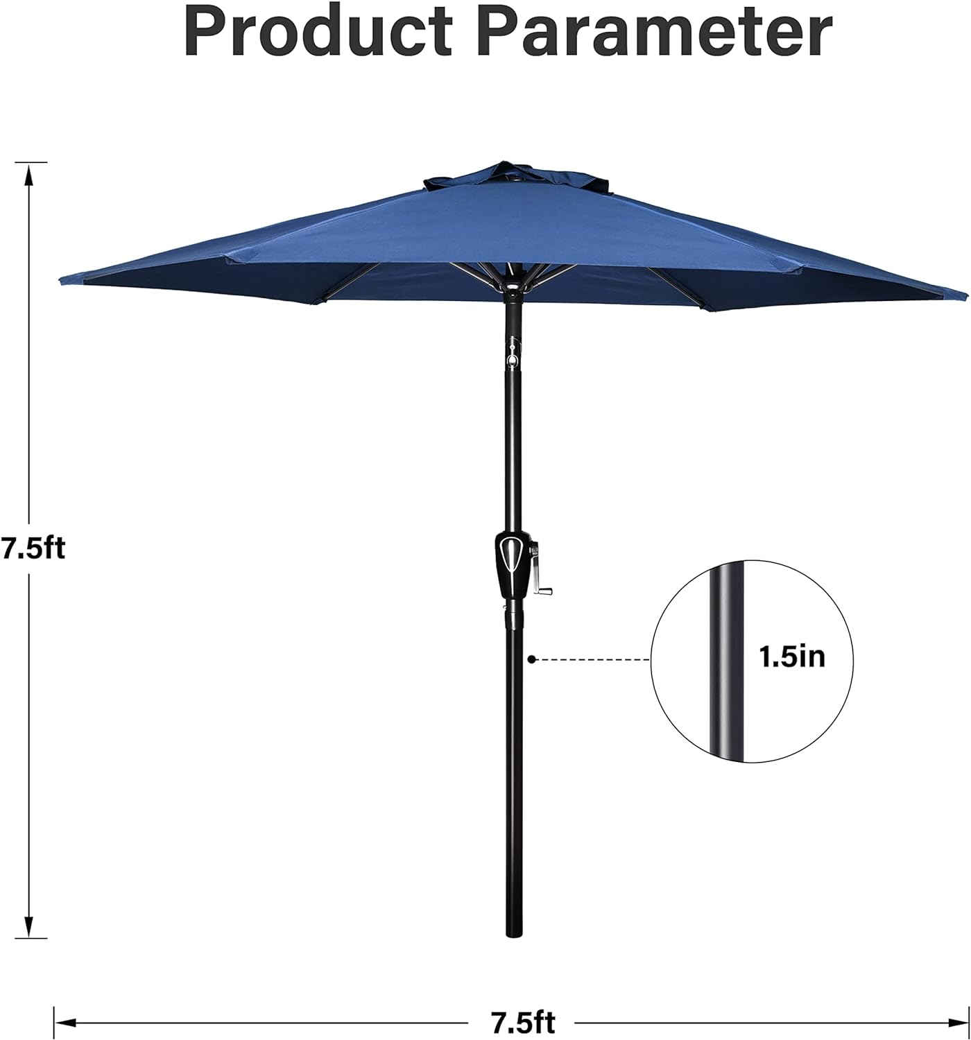 7.5ft Patio Umbrella Outdoor Table Market Yard Umbrella with Push Button Tilt/Crank, 6 Sturdy Ribs for Garden, Deck, Backyard, Pool, Blue